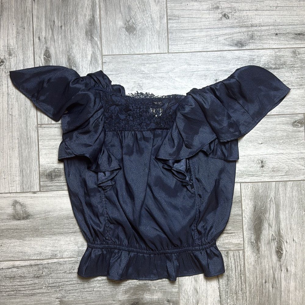 Anthropologie Porridge Ladies Blue Gathered Lace Blouse Size XS
